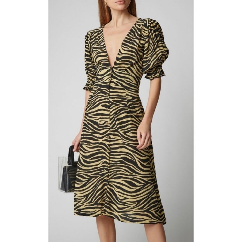 Faithful The Brand Rafa Tiger Animal Printes Crepe Midi Dress Size 4